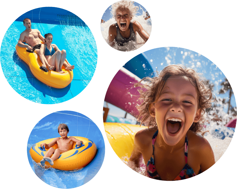 Collage of kids and adults enjoying water slides